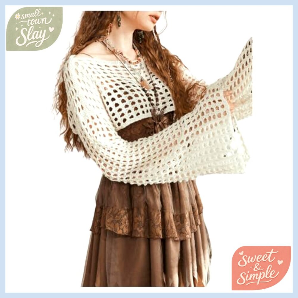 Crochet Shrug Hollow Knit Bolero Bell Sleeve Coverup Crop Top Y2K - Picture 4 of 6